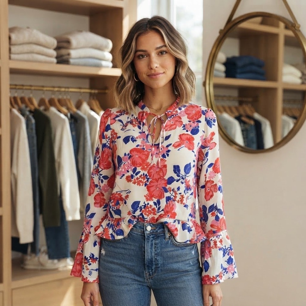 Corsage Floral Peplum Blouse Pink Blue Ruffle Bell Sleeve Tie Neck XS